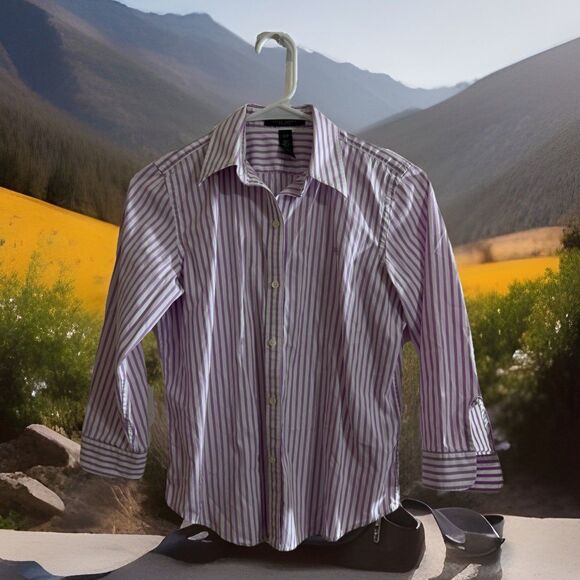 Shabby Chic Lauren Ralph Lauren Shirt Sz PP Women Pink Striped Button Front Boho - Picture 1 of 4